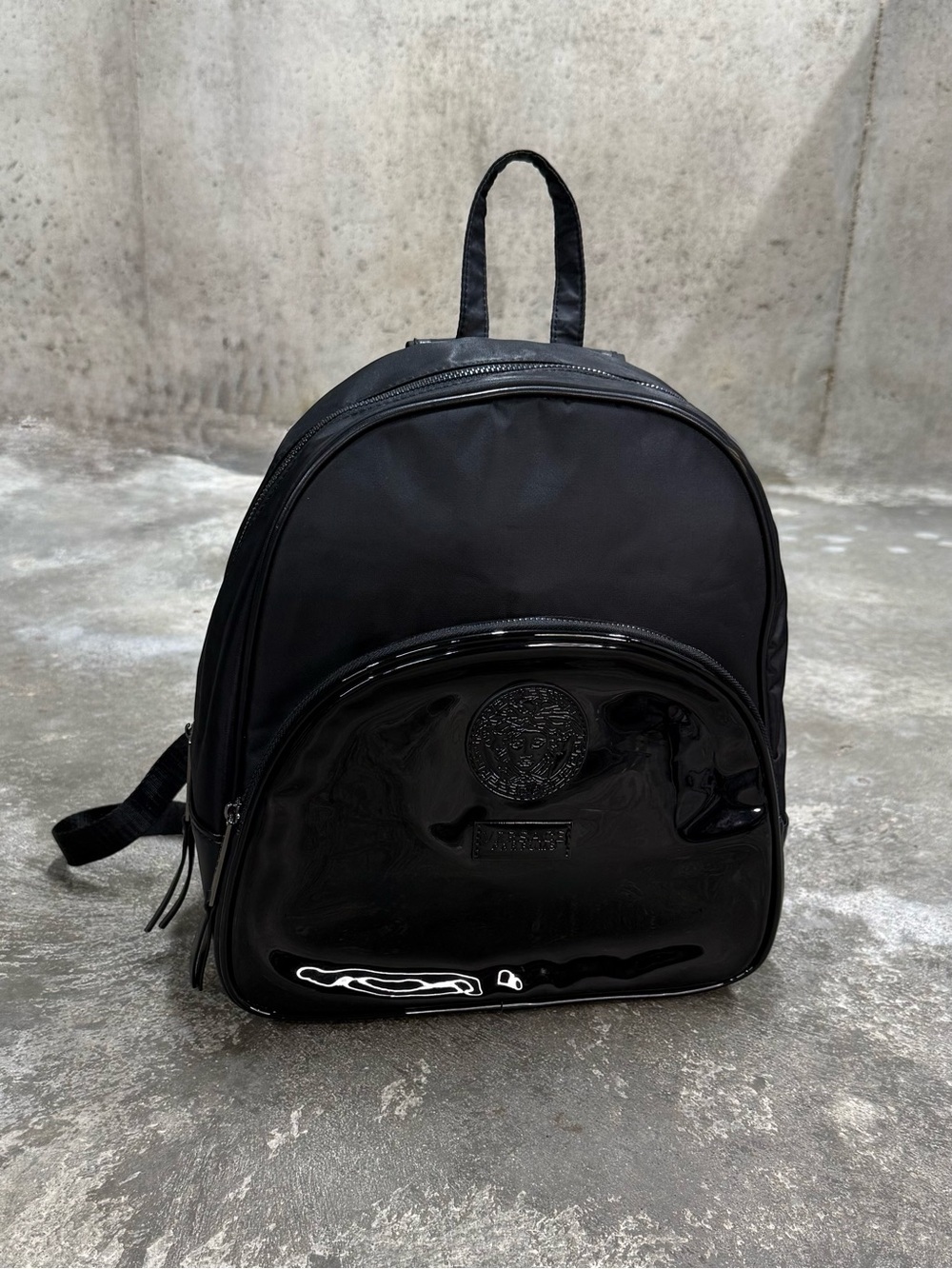 Versace Parfums Medusa Black Nylon Patent Logo Backpack Travel Bag